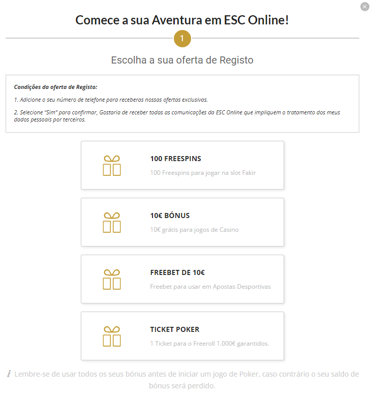 Demonstração dos bónus de registo na criação de uma conta na ESC Online